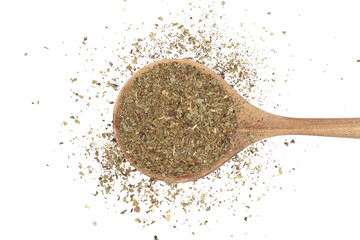 Wall Mural - Dried and chopped up basil spice pile in wooden spoon isolated on white background, top view
