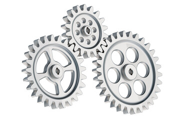 Steel cogs and gear wheel mechanisms, 3D rendering isolated on transparent background