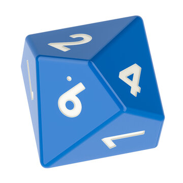 Blue 10 sided die, pentagonal trapezohedron dice. 3D rendering isolated on transparent background