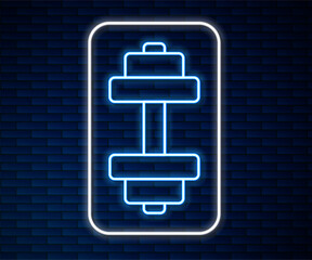 Wall Mural - Glowing neon line Dumbbell icon isolated on brick wall background. Muscle lifting, fitness barbell, sports equipment. Vector