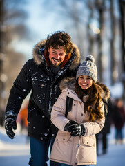 a couple is in the snowy street, hugging and smiling, it is winter and it is cold. lifestyles, relationships