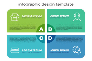 Canvas Print - Set line Hotel room bed, Armchair, Globe with flying plane and Location. Business infographic template. Vector