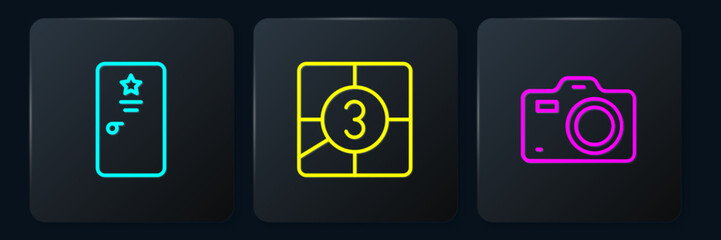 Poster - Set line Backstage, Photo camera and Old film movie countdown frame. Black square button. Vector