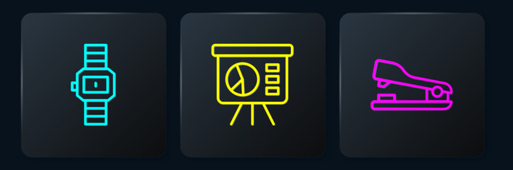 Poster - Set line Wrist watch, Stapler and Board with graph. Black square button. Vector