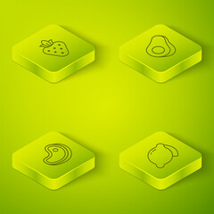 Wall Mural - Set Isometric line Avocado fruit, Steak meat, Lemon and Strawberry icon. Vector