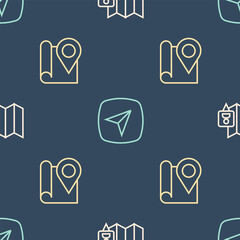 Poster - Set line Folded map with location marker, and City navigation on seamless pattern. Vector