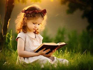 Wall Mural - Little girl reading holy bible book in the green field at sunrise