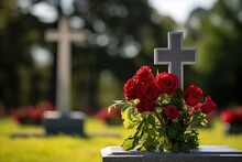 Red Roses On A Grave At A Cemetery During The Sunset With Copy Space