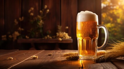 Mug of frothy beer, accompanied by wheat ears, hops, and a beer barrel, celebrates the brewing tradition on a wooden backdrop