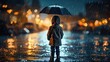 Child grips an umbrella, braving the city rain, puddles reflecting the urban glow