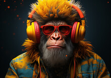 Funny Portrait Of A Monkey Wearing A Head Phone