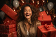 © zamuruev - happy young woman on many gift boxes background. Gift giving, sale concept, holidays concept