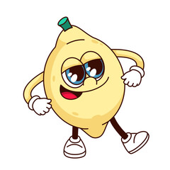 Wall Mural - Groovy lemon character vector illustration. Cartoon isolated retro sticker of funny mascot, one citrus fruit for juice with psychedelic crazy smile on lemon face, cute comic emoji with arms and legs