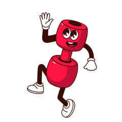 Groovy dumbbell character vector illustration. Cartoon isolated retro sport sticker jumping and waving, healthy workout of psychedelic red gym dumbbell mascot with arms and legs, comic funny face