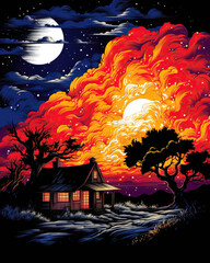 Wall Mural - Night landscape with old house and big full moon. Vector illustration