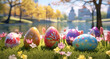 Easter celebration with Easter eggs in the park near by river Easter Delights by the River: Egg Hunting Extravaganza AI Generative 