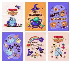 Wall Mural - Happy Halloween banner design set vector illustration. Cartoon spooky psychedelic collection of vertical posters or Halloween invitation flyers with cute pumpkins and ghosts, flowers and sweet treats