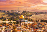 Fototapeta  - Sunset view of the old city of Jerusalem, with the temple mount and golden Dome of the Rock