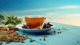 Fototapeta  -  a cup of tea with cinnamon and star anise on a blue table.  generative ai