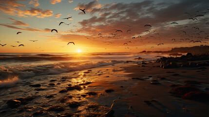 Wall Mural - A beach that has some birds flying