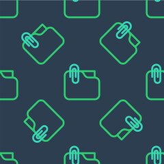 Poster - Line Document folder with paper clip icon isolated seamless pattern on blue background. Accounting binder symbol. Bookkeeping management. Vector