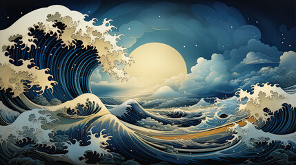 Wall Mural - A Japanese great wave sea Japan engraved art design in a vintage woodcut intaglio style