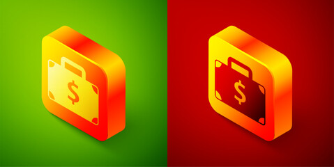 Wall Mural - Isometric Briefcase and money icon isolated on green and red background. Business case sign. Business portfolio. Square button. Vector