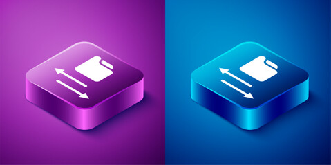 Sticker - Isometric Transfer files icon isolated on blue and purple background. Copy files, data exchange, backup, PC migration, file sharing concepts. Square button. Vector