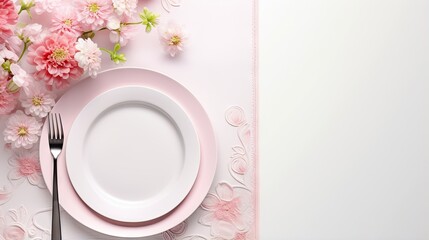 Wall Mural -  a plate with a fork and knife on a pink table cloth.  generative ai