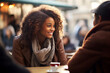 Street style portrait of attractive young happy black African American woman with afro hair having a chat outdoors in a sidewalk cafe.  AI generated image.