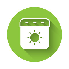 Sticker - White Calendar summer icon isolated with long shadow background. Event reminder symbol. Green circle button. Vector