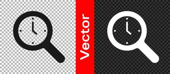 Sticker - Black Magnifying glass with clock icon isolated on transparent background. Clock search. Vector