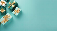  A Group Of Wrapped Gift Boxes With Gold Bows On A Blue Background.  Generative Ai