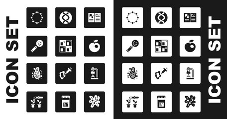 Sticker - Set Clinical record, Periodic table, Microorganisms under magnifier, Chemical formula, Genetically modified apple, DNA symbol, Test tube flask on fire and Bacteria icon. Vector