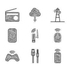 Poster - Set Usb wireless adapter, USB cable cord, Mobile with wi-fi, Wireless computer mouse, gamepad, 5G, Satellite dish and Radio icon. Vector
