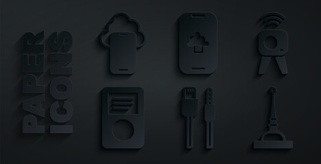 Poster - Set USB cable cord, Web camera, Music player, Antenna, Cloud technology data and icon. Vector