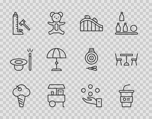 Sticker - Set line Ice cream in waffle cone, Paper glass with water, Roller coaster, Fast street food cart, Striker attraction hammer, Sun protective umbrella, Juggling ball and Picnic table chairs icon. Vector