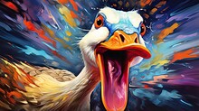  A Painting Of A Duck With Its Mouth Open And Its Tongue Out.  Generative Ai