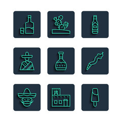 Sticker - Set line Mexican man sombrero, house, Popsicle ice cream, Tabasco sauce, Tequila bottle, and glass and Snake icon. Vector