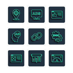 Poster - Set line Browser window, Board with graph chart, Website statistic, Chain link, Advertising, Target sport and Social media marketing icon. Vector