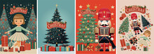 Nutcracker. Merry Christmas And Happy New Year! Vector Illustrations Of Fairy Tale Characters, Ballerina, Mouse King, Christmas Tree, Gifts, Toys For Greeting Card, Poster Or Background. 