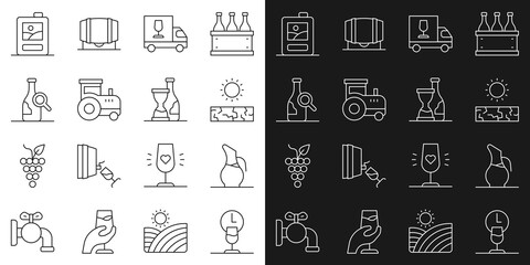 Sticker - Set line Wine time, Decanter for wine, Drought, truck, Tractor, Bottle of, Cardboard box and icon. Vector