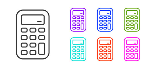 Poster - Black line Calculator icon isolated on white background. Accounting symbol. Business calculations mathematics education and finance. Set icons colorful. Vector