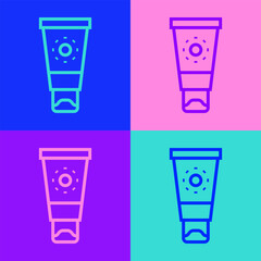 Sticker - Pop art line Sunscreen cream in tube icon isolated on color background. Protection for the skin from solar ultraviolet light. Vector