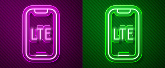 Poster - Glowing neon line LTE network icon isolated on purple and green background. Vector