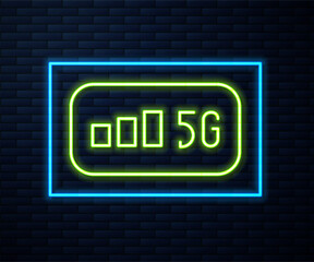 Poster - Glowing neon line 5G new wireless internet wifi connection icon isolated on brick wall background. Global network high speed connection data rate technology. Vector