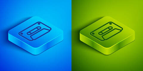 Poster - Isometric line Retro audio cassette tape icon isolated on blue and green background. Square button. Vector