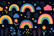 Rainbow after a storm quirky doodle pattern, wallpaper, background, cartoon, vector, whimsical Illustration