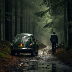 Sticker - Vintage car in forest