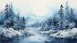 watercolor illustration of beautiful misty winter forest